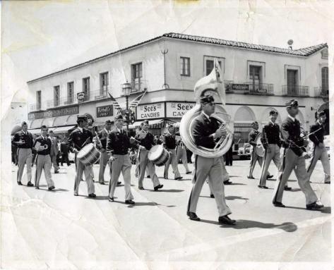 In this photo of the American Legion Band playing on State Street, old friends Jackson Cianfrone and Bruno Mautino are the only two musicians looking at the camera!  Jackson is seconf from the left and Bruno is third from the right. Photo courtesy of Bruno Mautino.